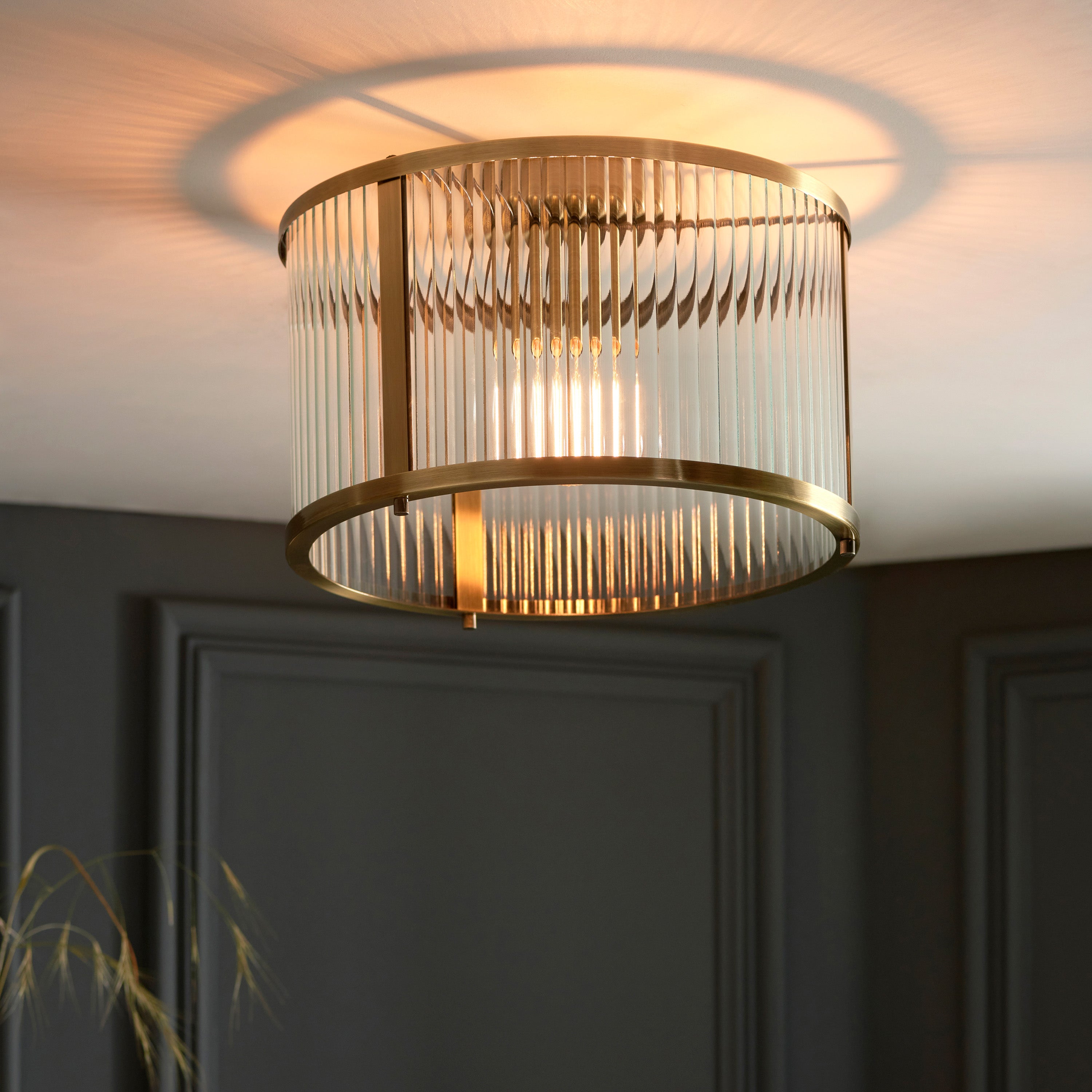 Hayden Antique Brass & Clear Ribbed Glass Ceiling Light